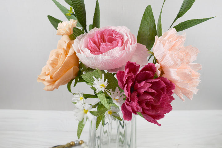 Paper Carnation, Rose, Fleabane, and Eucalyptus Bouquet - One Available Paper Bouquet