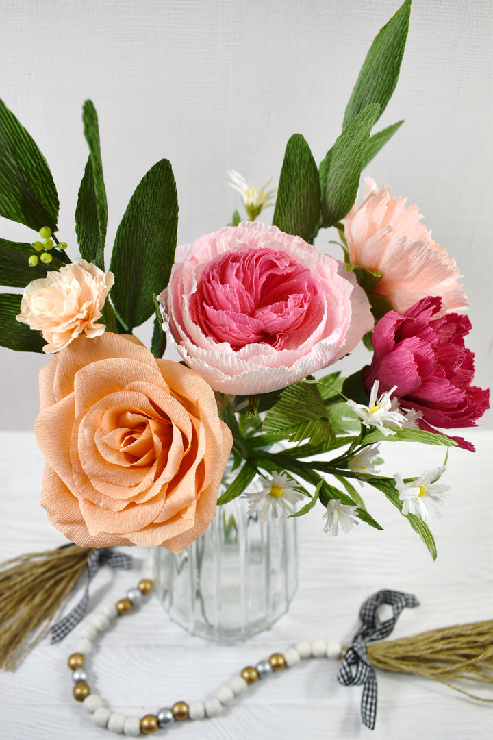 Paper Carnation, Rose, Fleabane, and Eucalyptus Bouquet - One Available Paper Bouquet