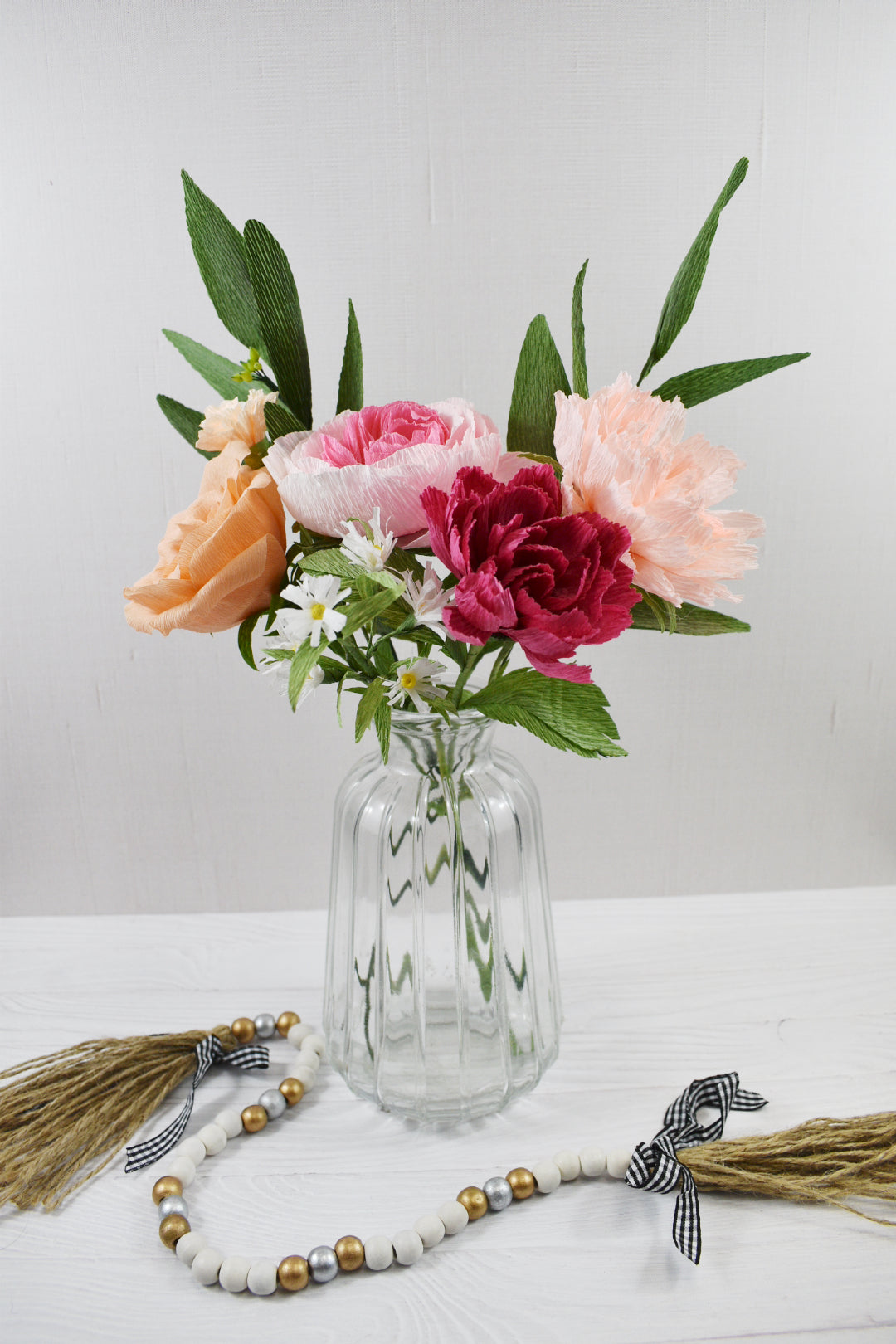 Paper Carnation, Rose, Fleabane, and Eucalyptus Bouquet - One Available Paper Bouquet