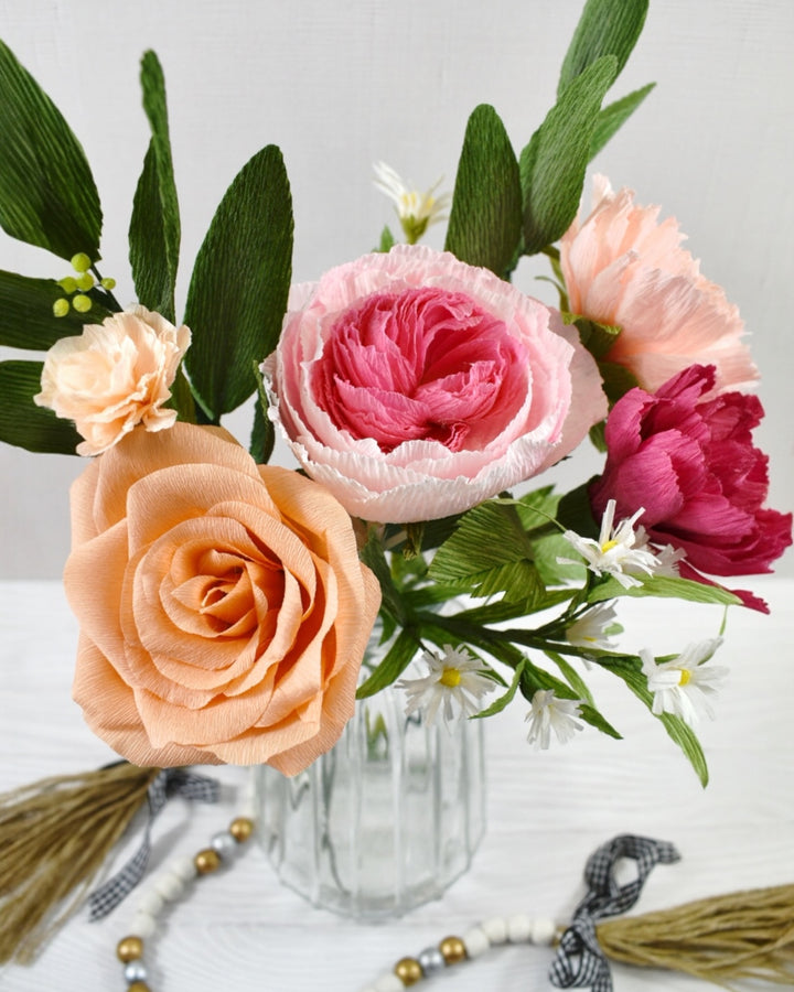 Paper Carnation, Rose, Fleabane, and Eucalyptus Bouquet - One Available Paper Bouquet